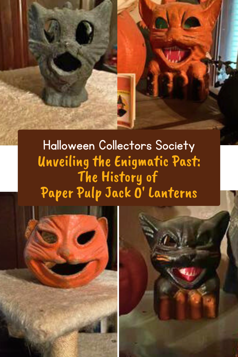 A variety of black and orange paper pulp jack o'lanterns and cats.