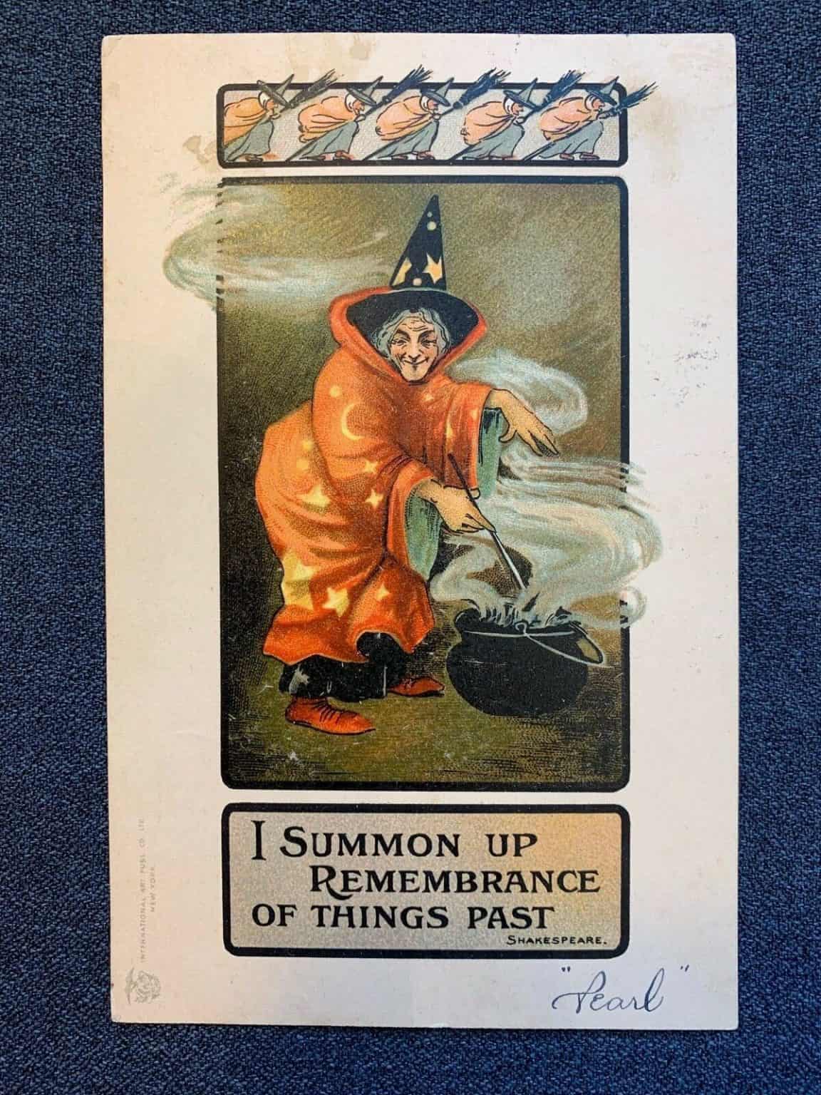 Vintage 1915 Halloween witch and cauldron postcard