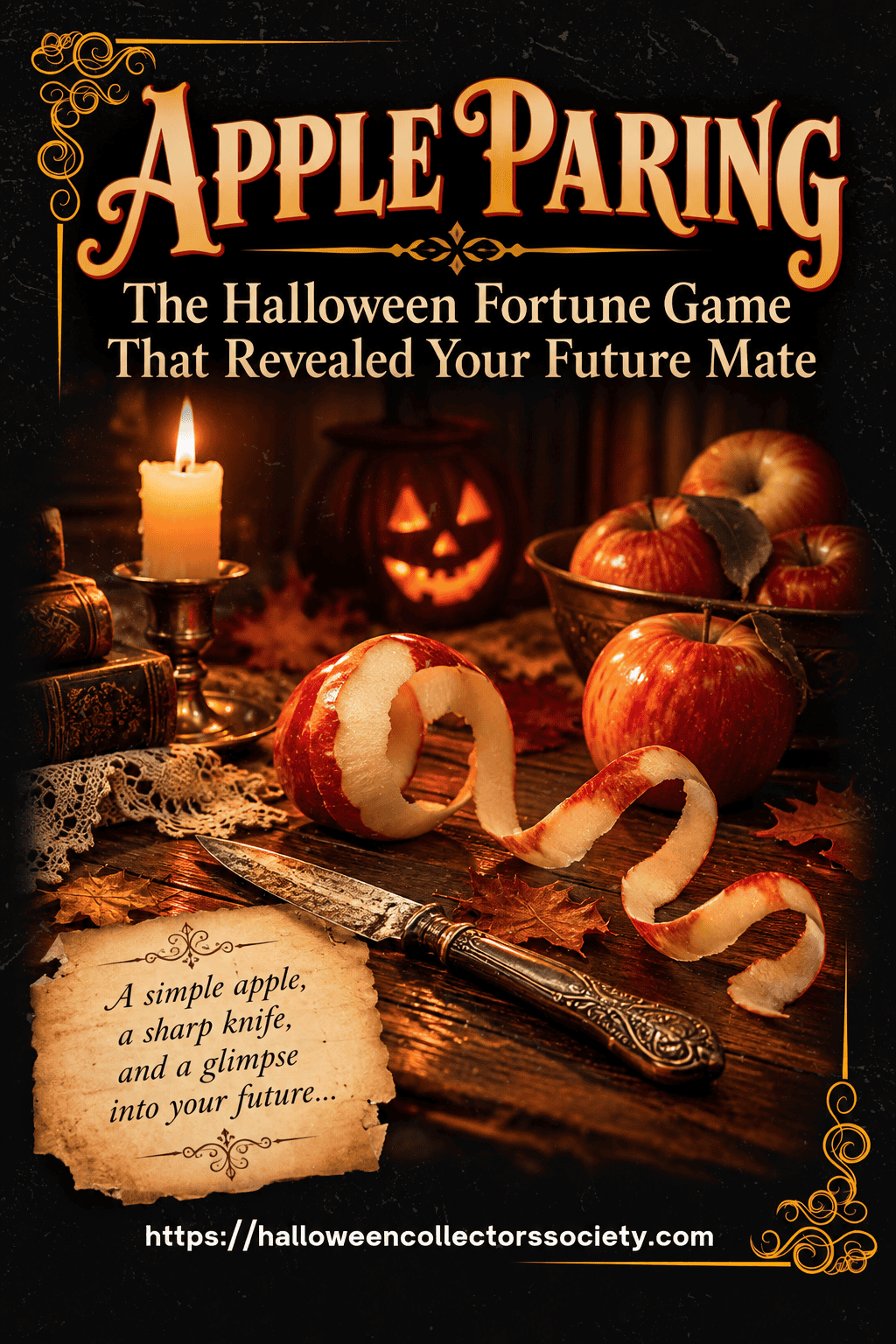 Apple Paring curiosity Pinterest graphic with peeled apple, antique paring knife and Halloween fortune-telling theme