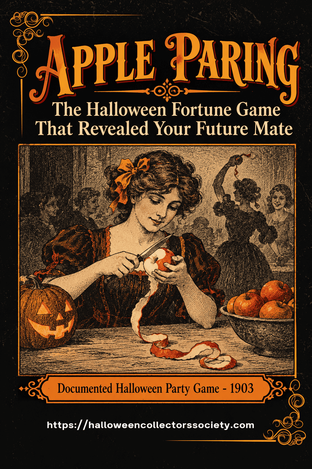 Apple Paring Halloween fortune game Pinterest graphic explaining that the fallen apple peel revealed a future mate's initial