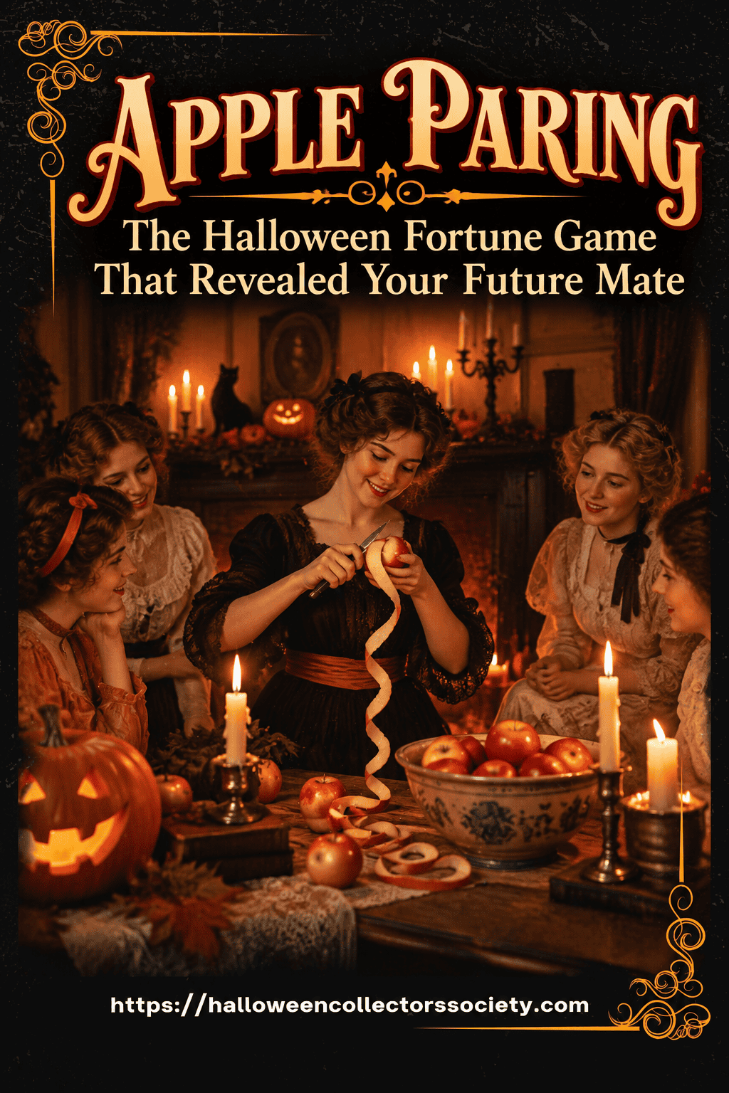Vintage-style Halloween party scene with apples, candlelight and apple paring for an old fortune-telling game