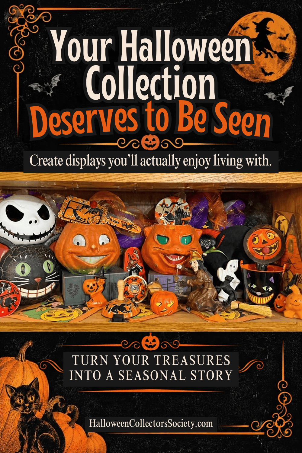 Halloween collection displayed together on a wooden shelf with pumpkins, black cats, noisemakers, figures, paper pieces, and other Halloween collectibles.