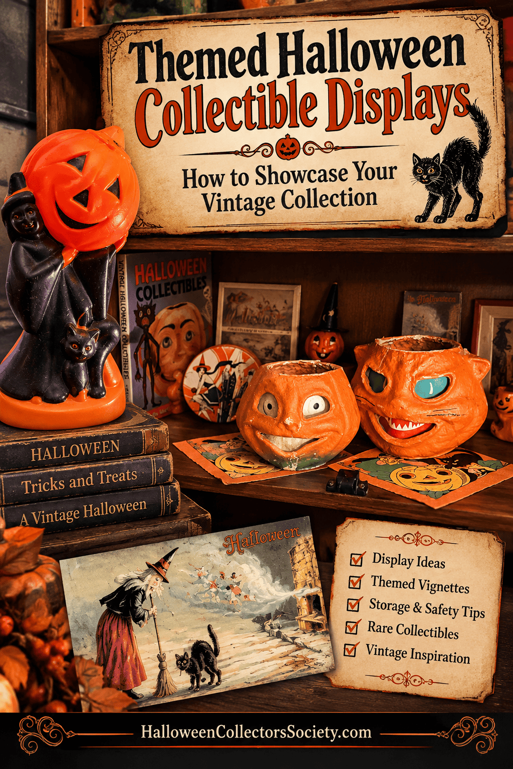 Pinterest graphic showing a themed vintage Halloween collection with display ideas, themed vignettes, storage and safety tips, rare collectibles, and vintage inspiration.