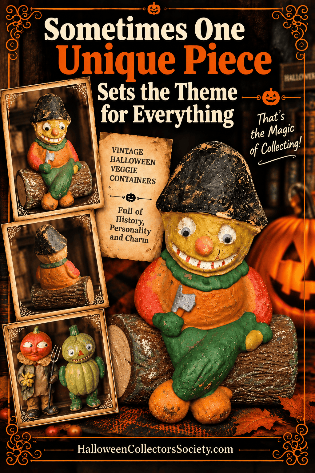 Pinterest graphic featuring unusual vintage Halloween veggie containers, including a seated vegetable figure on a log and framed views of additional vegetable characters.