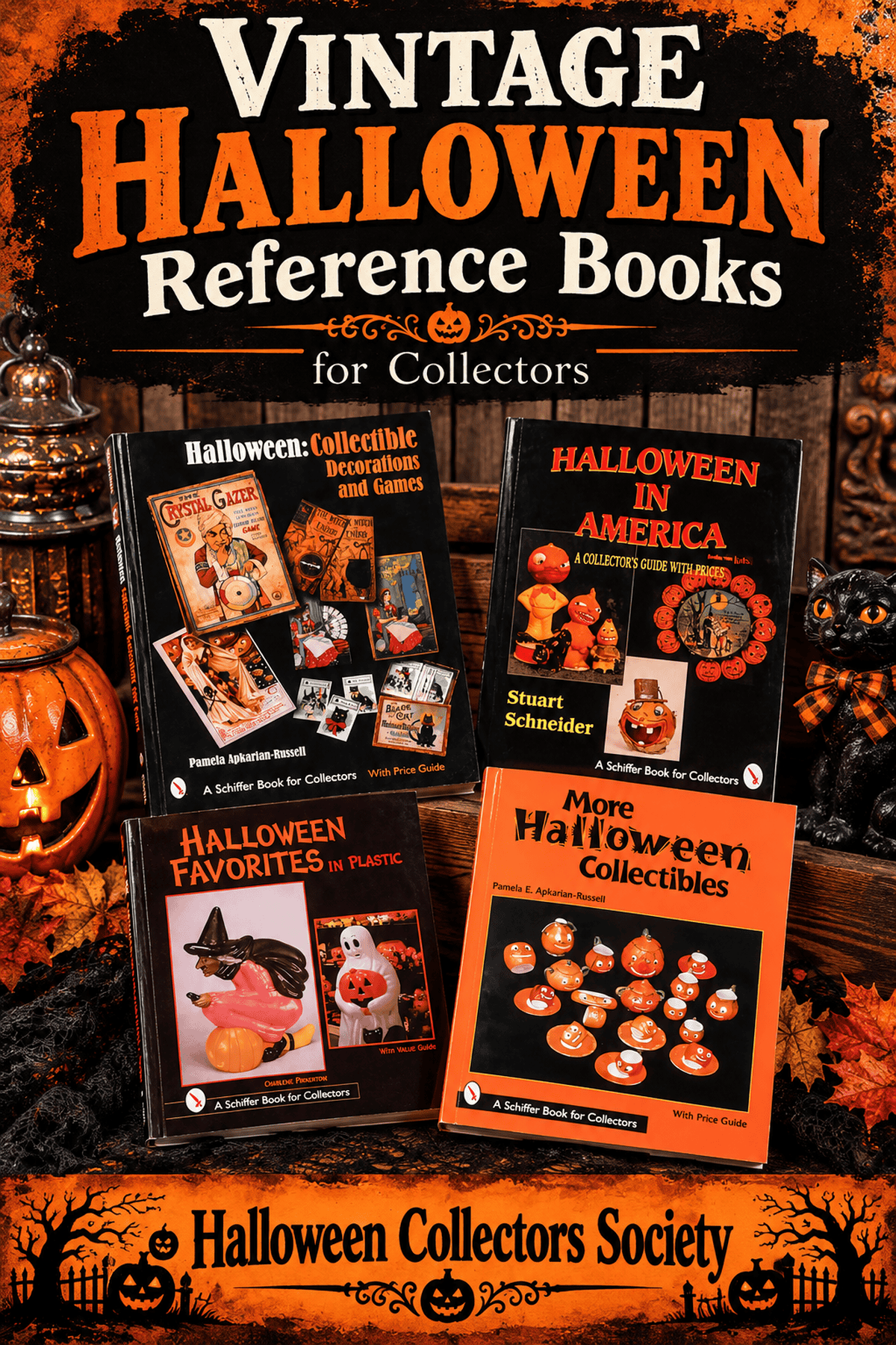 Vintage Halloween reference books for collectors, featuring four illustrated book covers in an orange and black Halloween display.