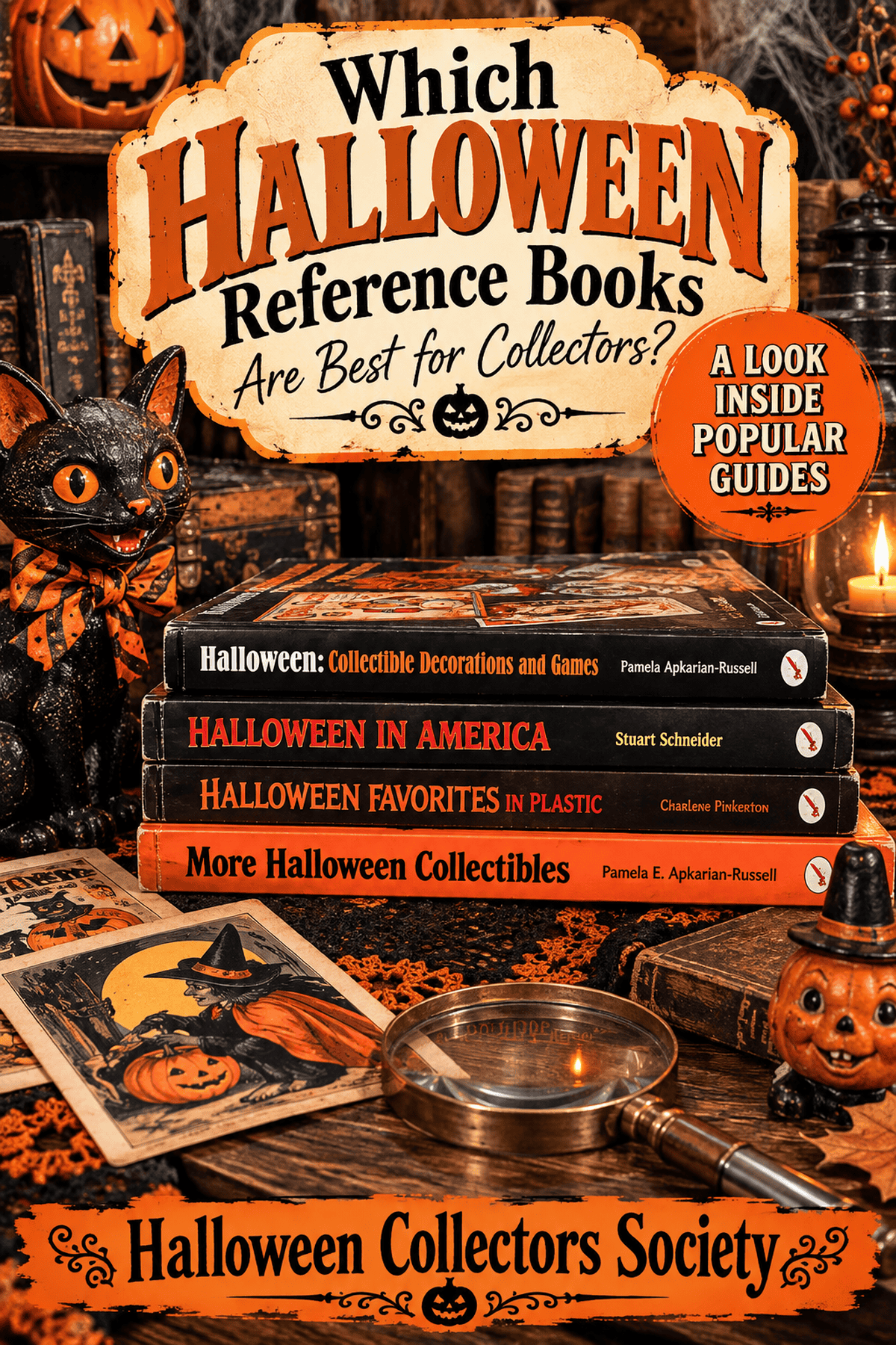 Stack of vintage Halloween collecting guidebooks with a magnifying glass, Halloween decorations and a question about the best reference books.